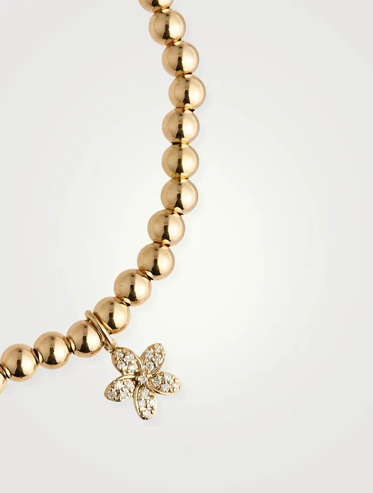 14K Gold Beaded Bracelet With Small 14K Gold Diamond Plumeria Charm