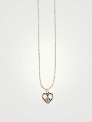 14K Gold Peace Heart Charm Necklace With Multicolour Stones