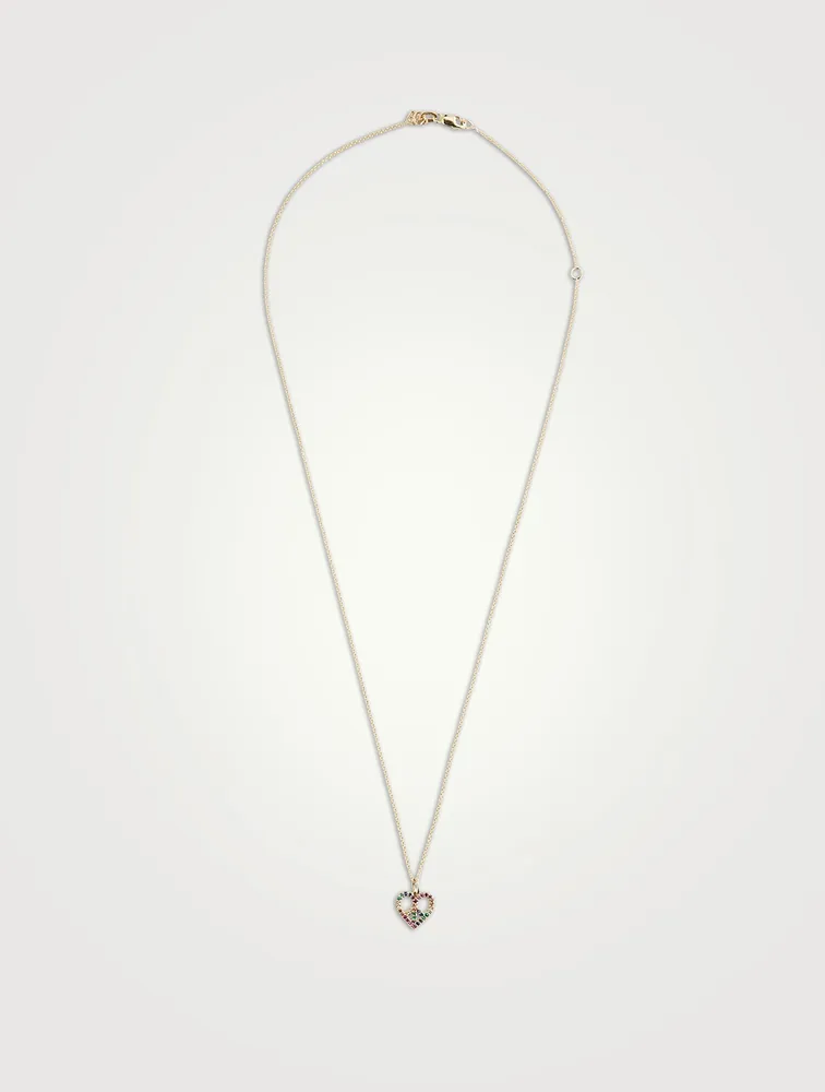 14K Gold Peace Heart Charm Necklace With Multicolour Stones