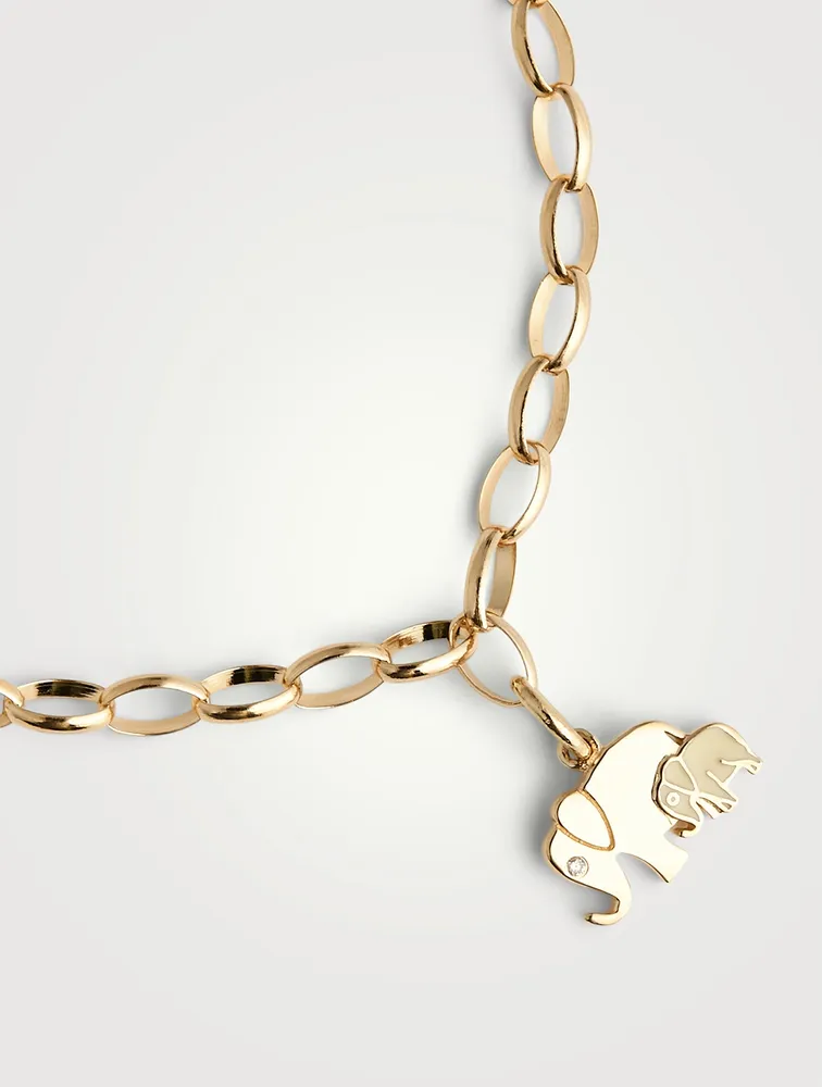 14K Gold Elephant Family Charm Bracelet With Diamond