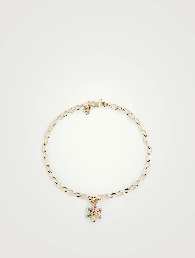 Small 14K Gold Daisy Happy Face Charm Belcher Chain Bracelet