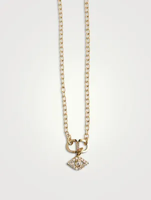 Large 14K Gold Bezel Evil Eye Charm Necklace With Diamonds