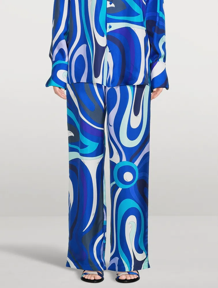 Silk Wide-Leg Pants Marmo Print