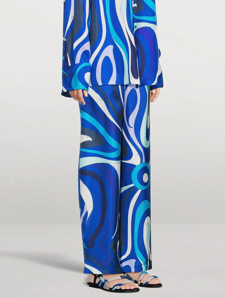 Silk Wide-Leg Pants Marmo Print