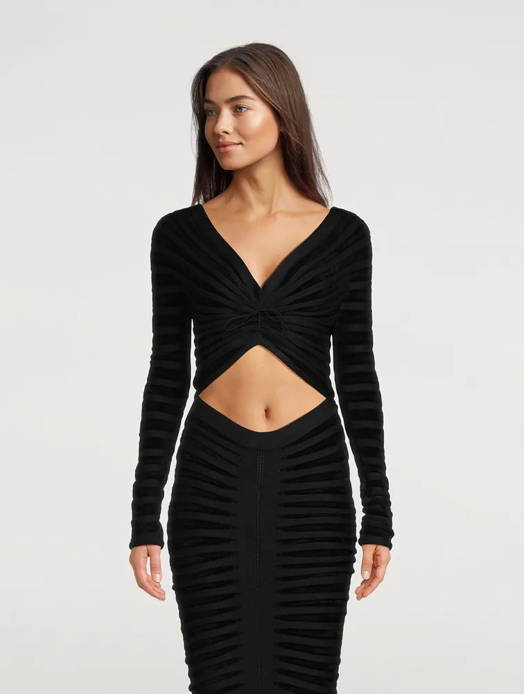 Ruched Velvet And Mesh Top