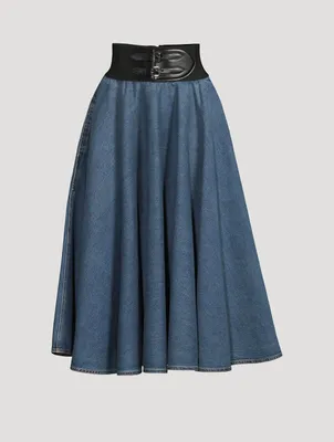Belted Denim Midi Skirt