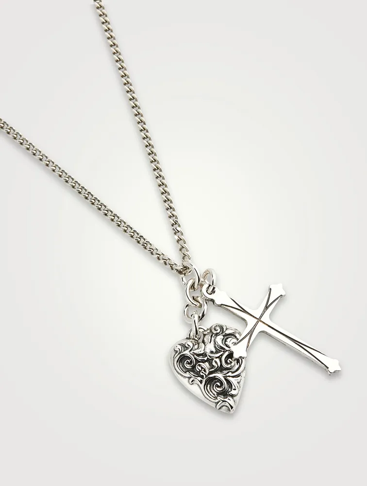 Silver Heart And Cross Pendant Necklace