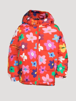 Hooded Puffer Coat Smiling Flower Print