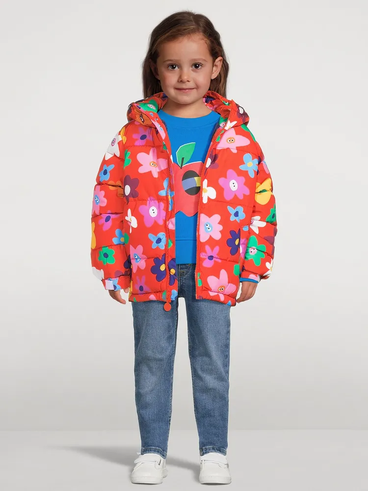 Hooded Puffer Coat Smiling Flower Print