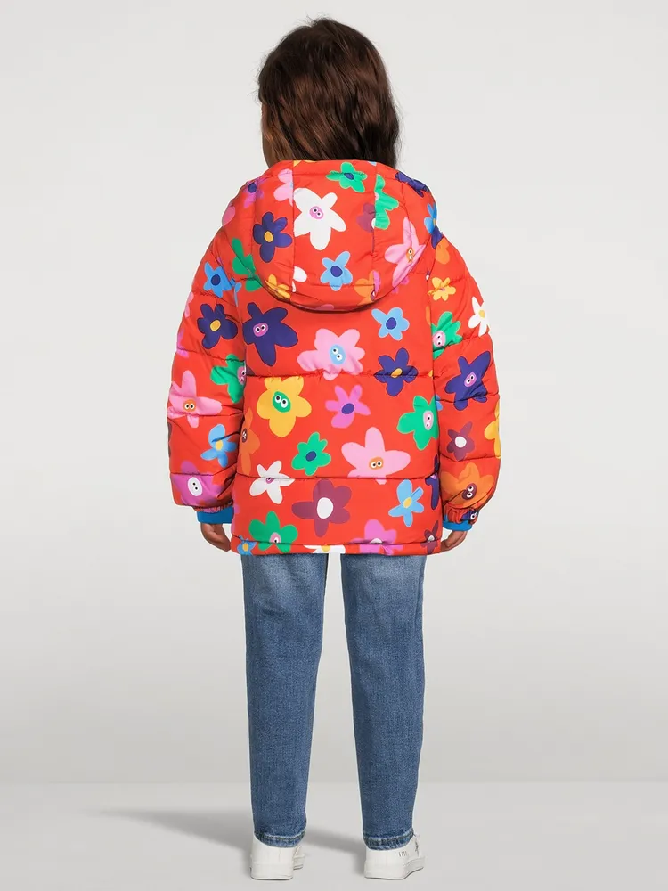 Hooded Puffer Coat Smiling Flower Print