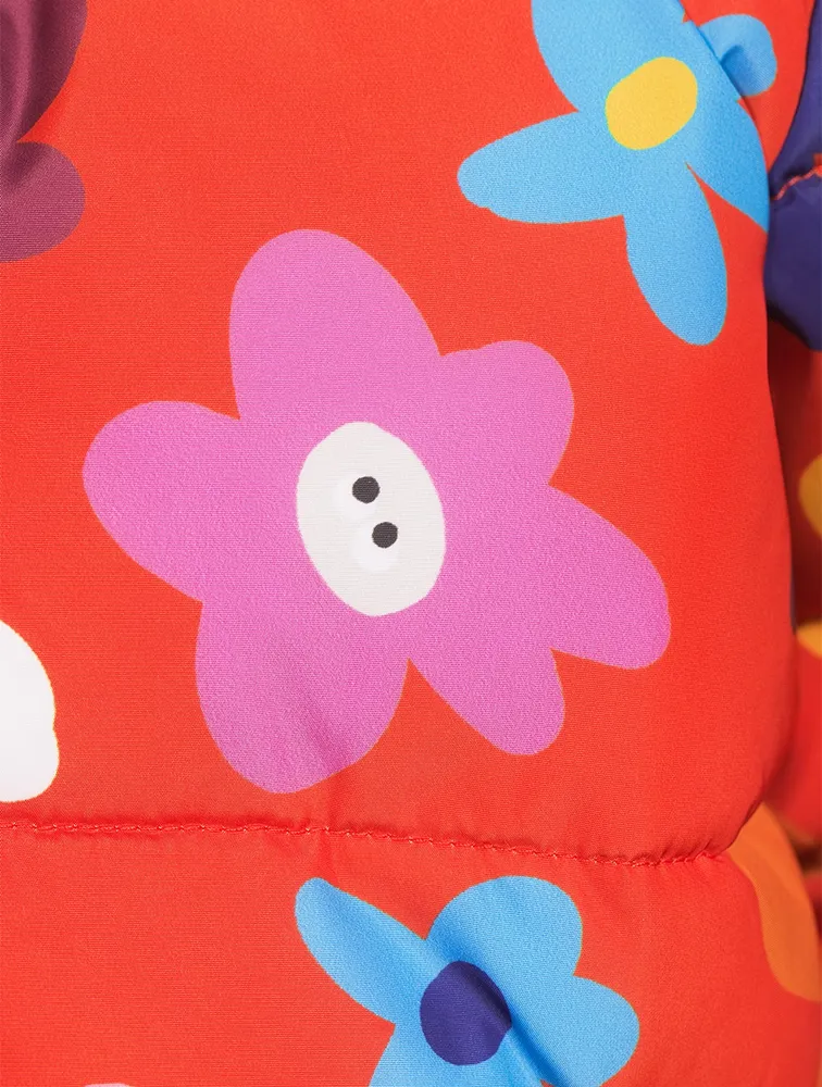 Hooded Puffer Coat Smiling Flower Print