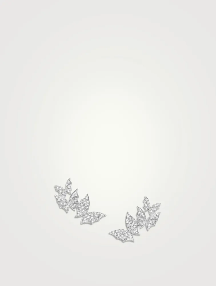 Fly By Night 18K White Gold Triple Butterfly Earrings With Diamonds