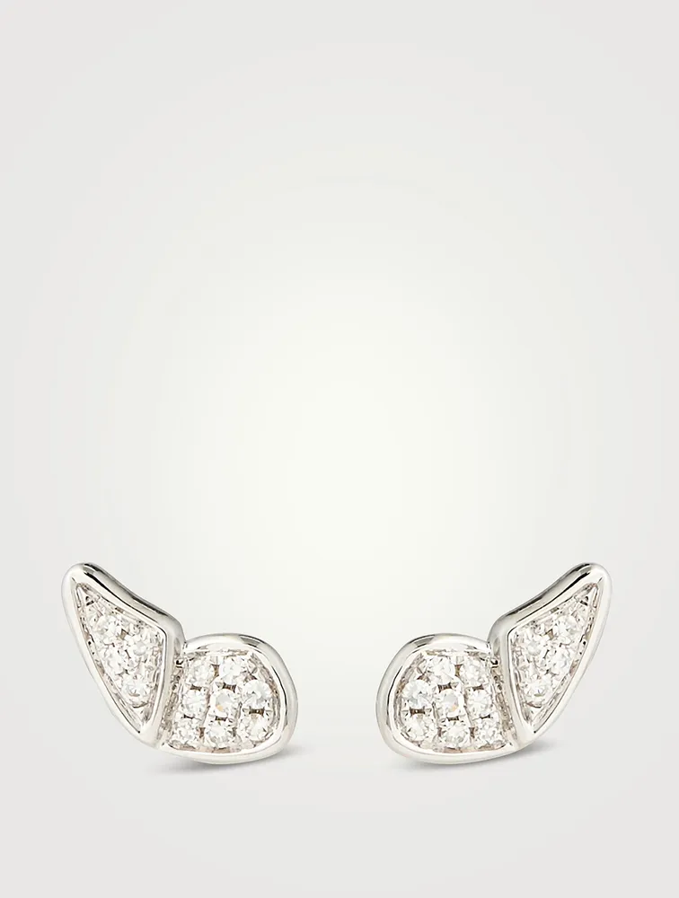 14K White Gold Flutter Stud Earrings With Diamonds