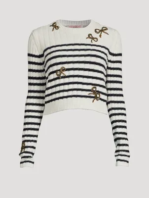 Bow-Trimmed Striped Wool Sweater