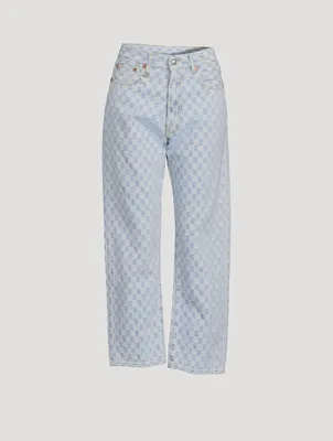 Cropped Boyfriend Jeans Checkerboard Print