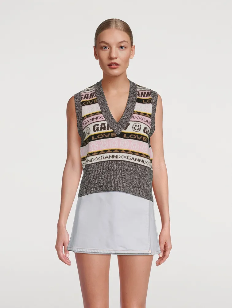 Wool-Blend Graphic V-Neck Sweater Vest