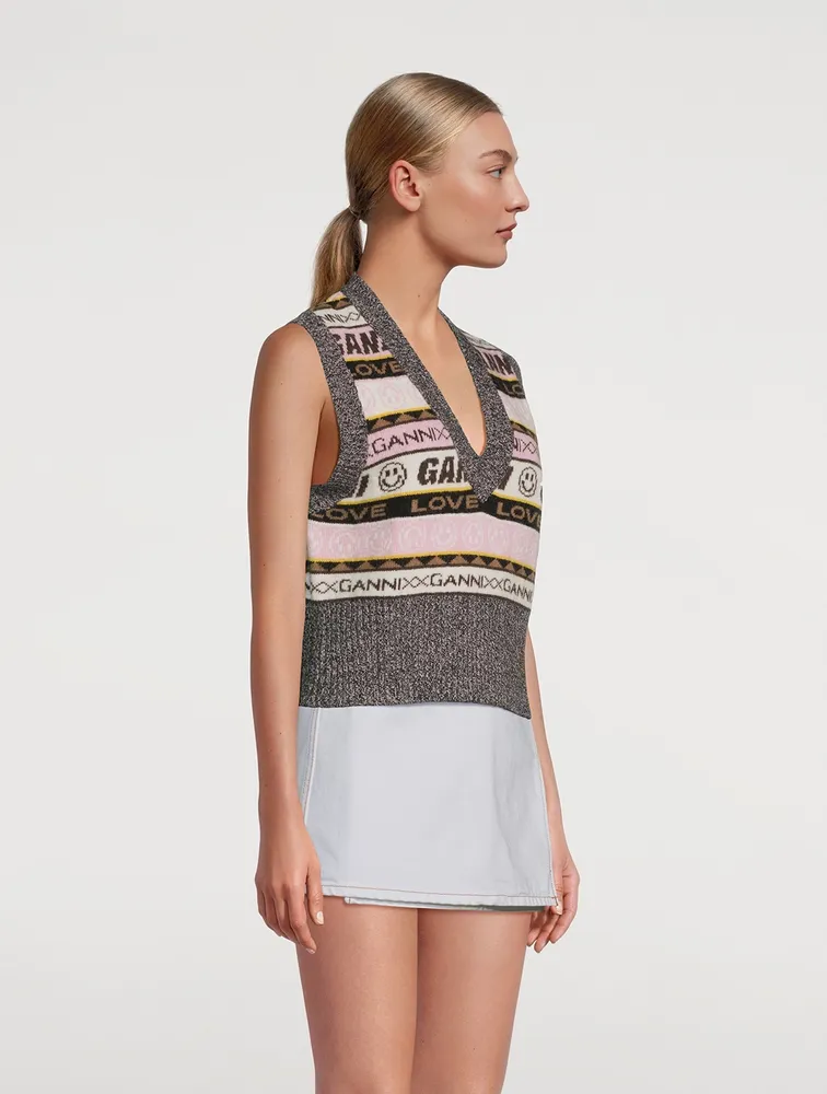 Wool-Blend Graphic V-Neck Sweater Vest