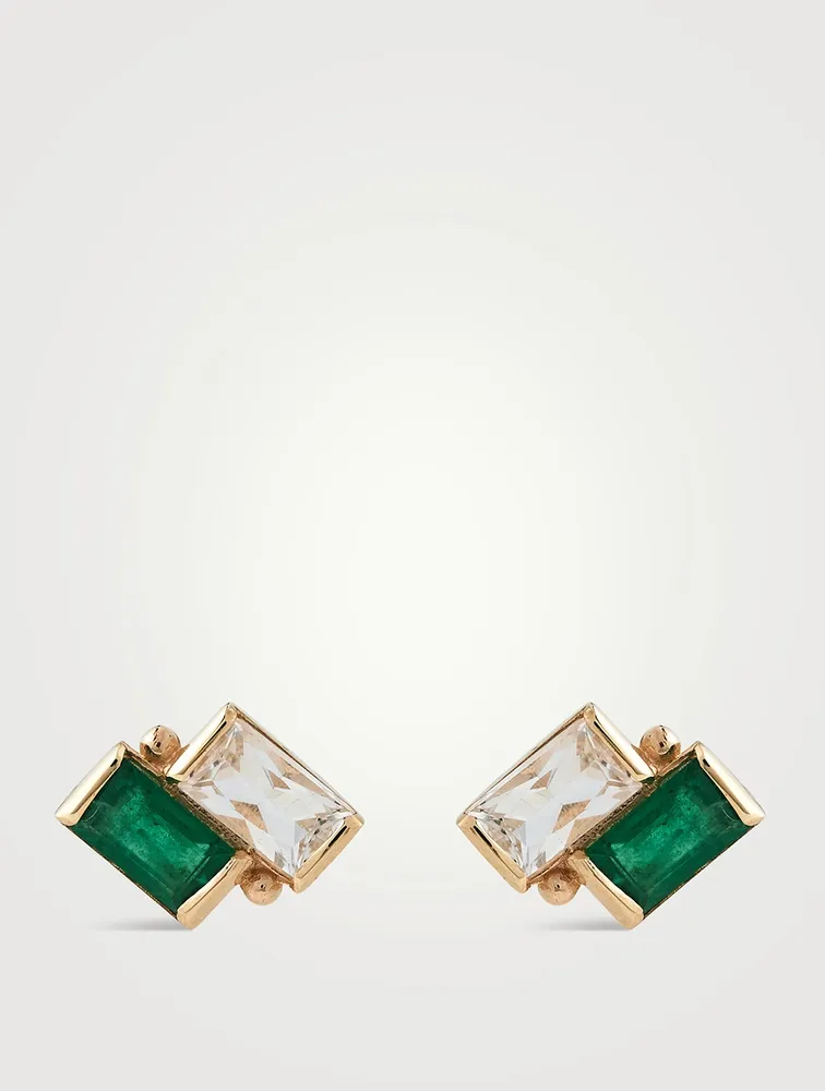 Cléo 14K Gold Deux Carré Stud Earrings With White Topaz And Emerald