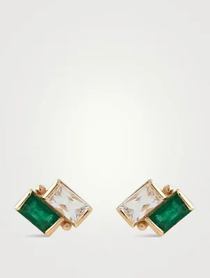 Cléo 14K Gold Deux Carré Stud Earrings With White Topaz And Emerald