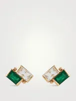 Cléo 14K Gold Deux Carré Stud Earrings With White Topaz And Emerald