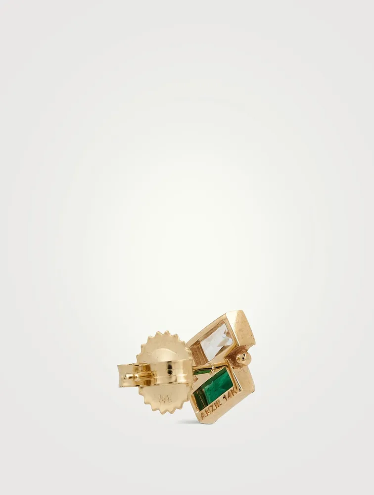 Cléo 14K Gold Deux Carré Stud Earrings With White Topaz And Emerald