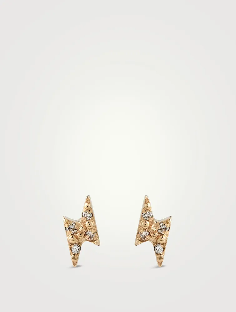 Mini Aztec 14K Gold Lightning Bolt Stud Earrings With Diamonds