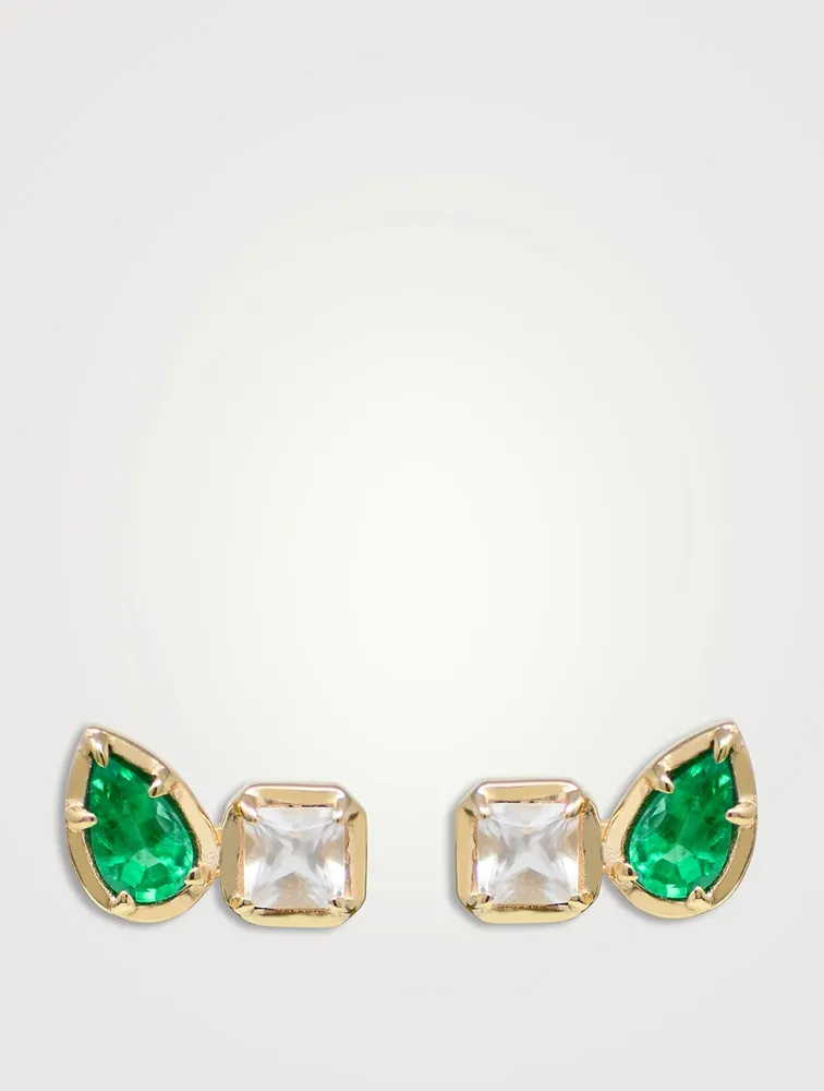 Mélia 14K Gold Toi Et Moi Cushion Stud Earrings With Emerald