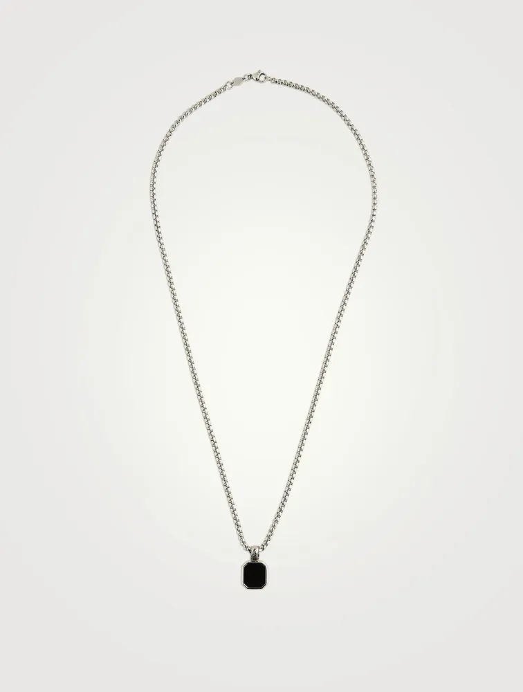 Stainless Steel Necklace With Square Matte Onyx Pendant