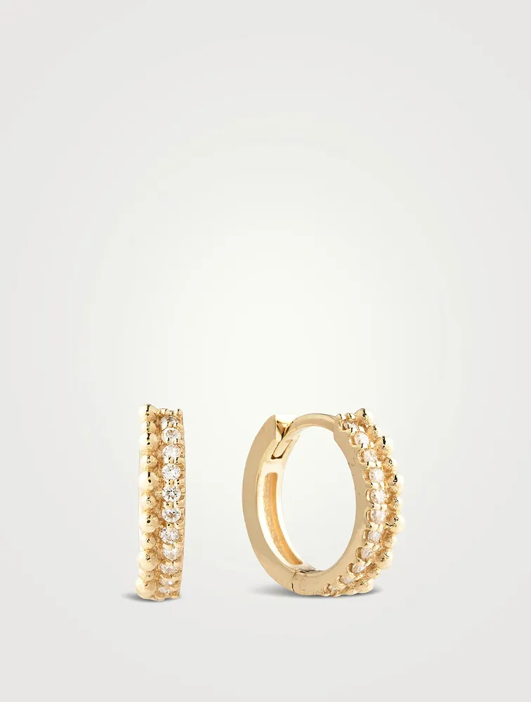 Dew Drop 14K Gold Double Huggie Hoop Earrings With Pavé Diamonds
