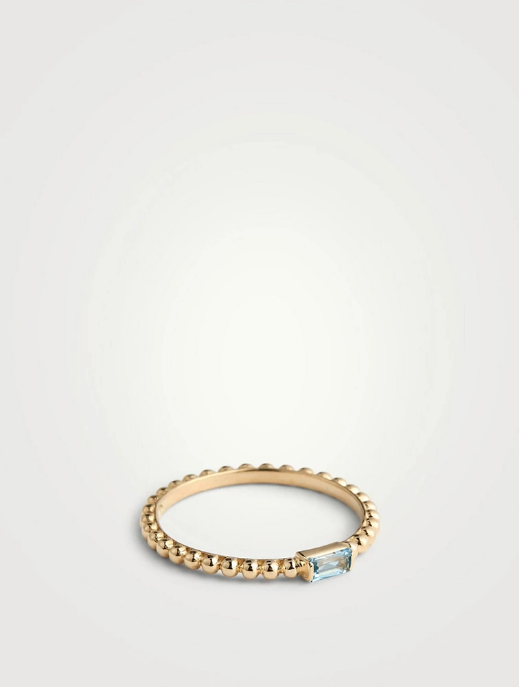 Dew Drop 14K Gold Baguette Stackable Ring With Blue Topaz