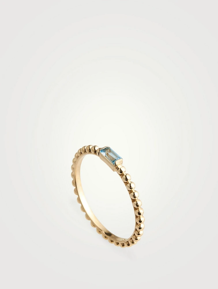 Dew Drop 14K Gold Baguette Stackable Ring With Blue Topaz