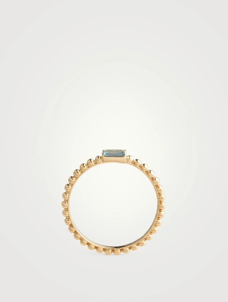 Dew Drop 14K Gold Baguette Stackable Ring With Blue Topaz