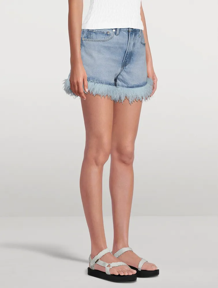 Le Super High Feather-Trimmed Denim Shorts