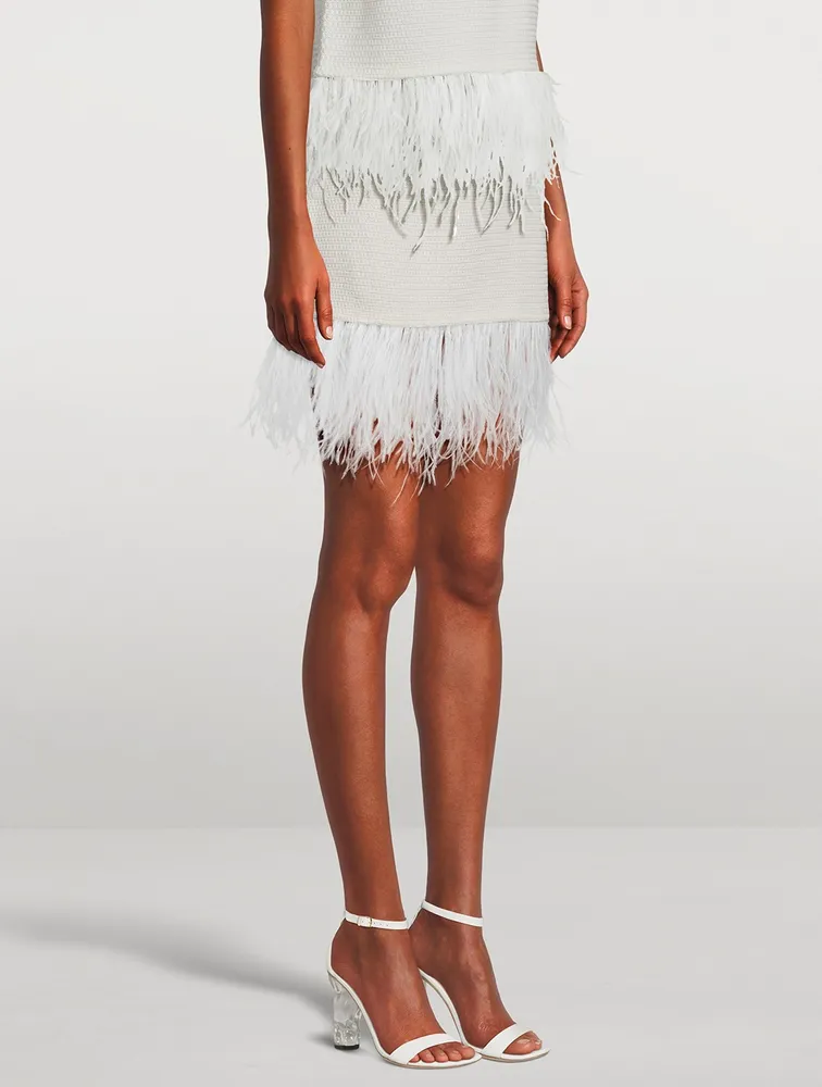 Feather-Trimmed Crochet Mini Skirt