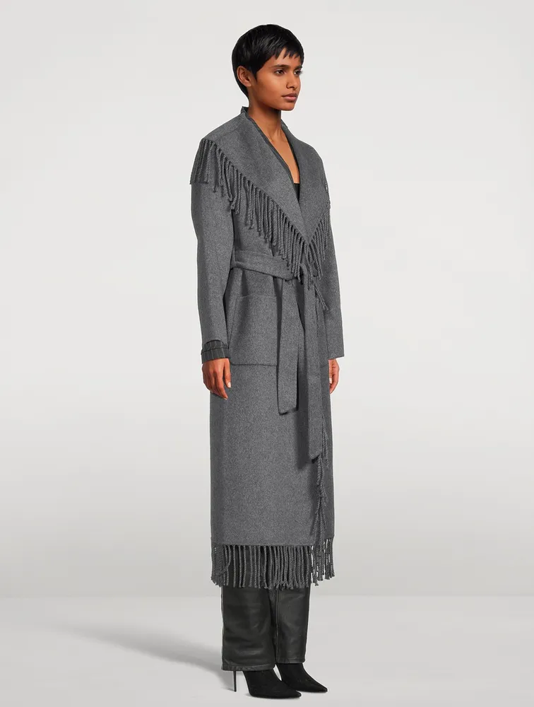 Carrie Fringe-Trimmed Belted Coat