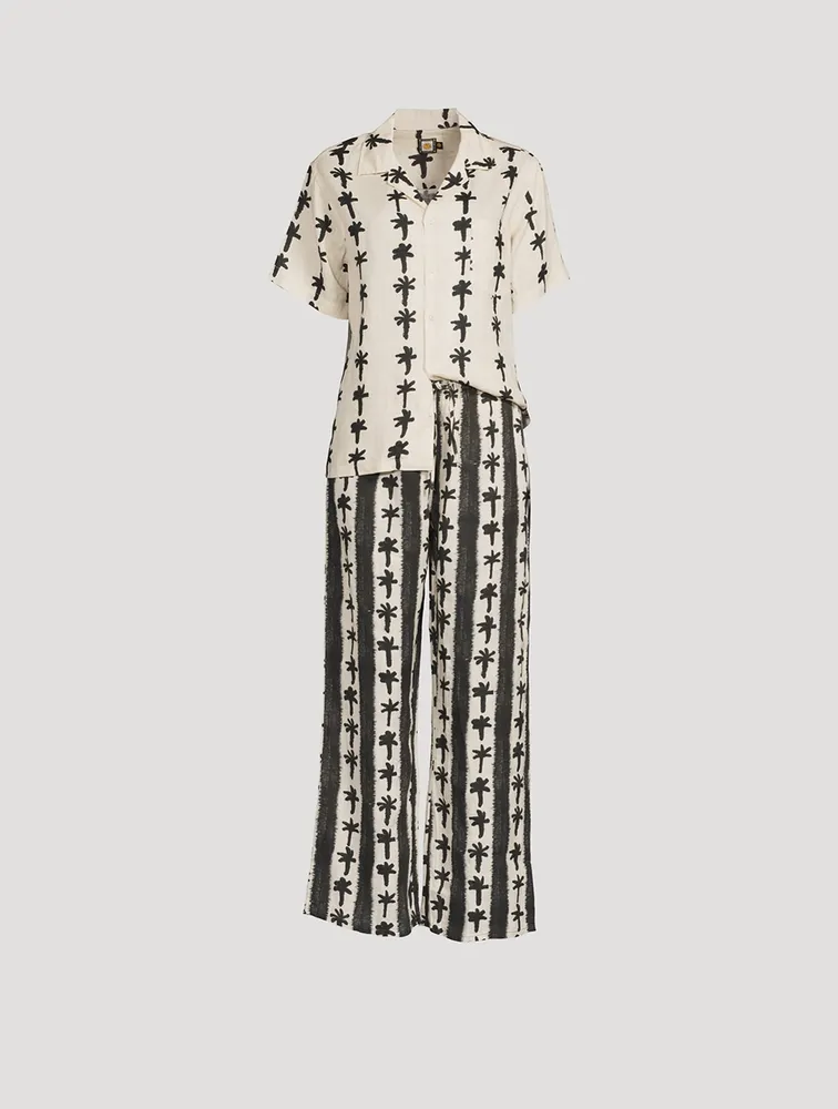 Cuban Long Linen Pajama Set Palm Stripe