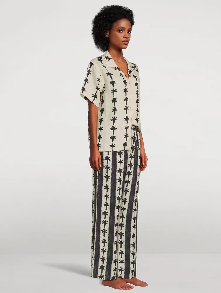 Cuban Long Linen Pajama Set Palm Stripe