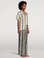 Cuban Long Linen Pajama Set Palm Stripe