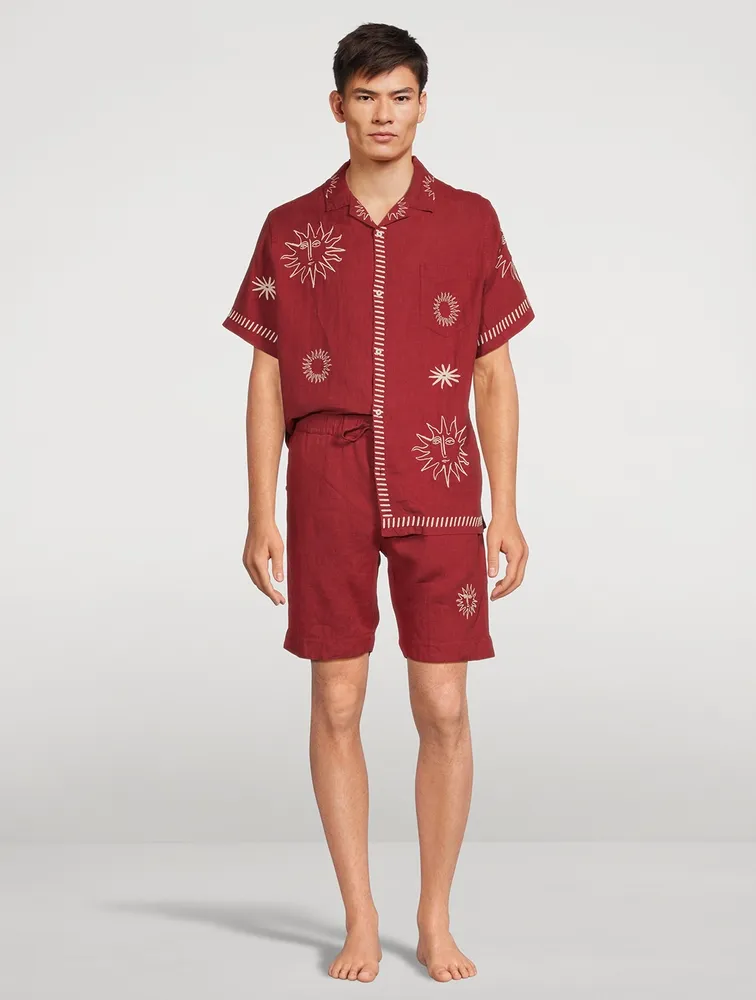 Linen Cuban Pajama Set With Embroidery