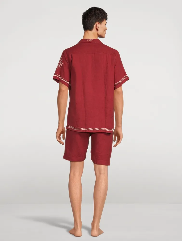 Linen Cuban Pajama Set With Embroidery
