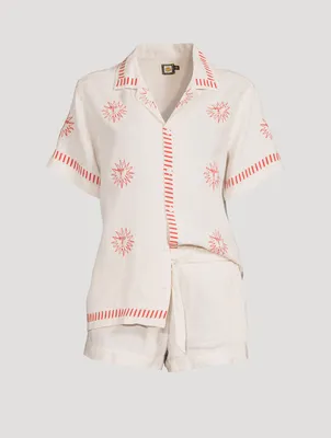 Linen Cuban Pajama Set With Embroidery