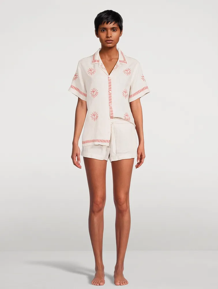 Linen Cuban Pajama Set With Embroidery