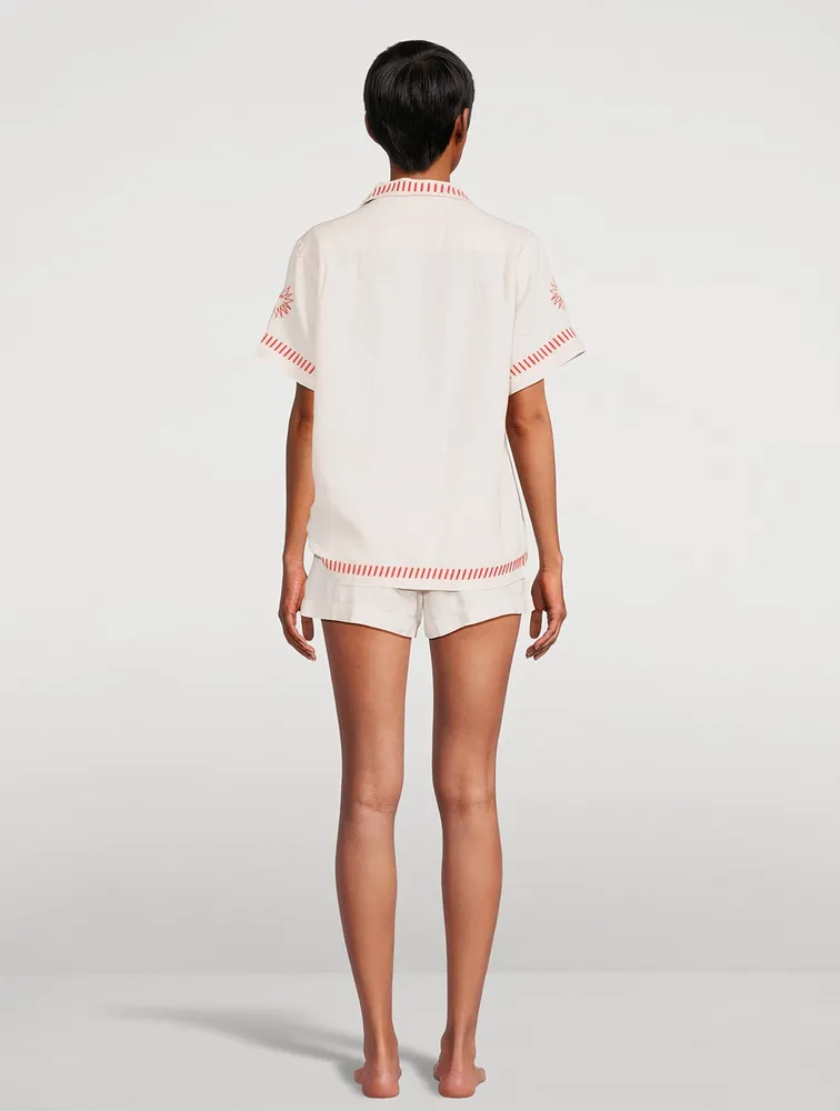 Linen Cuban Pajama Set With Embroidery