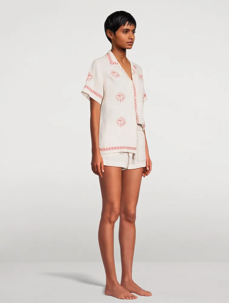 Linen Cuban Pajama Set With Embroidery