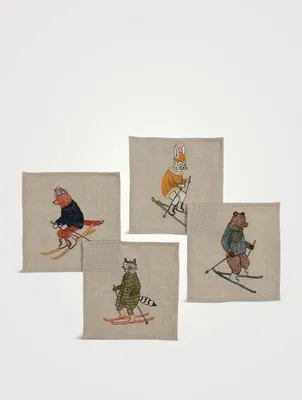 Set Of Four Downhill Skiers Cocktail Napkins