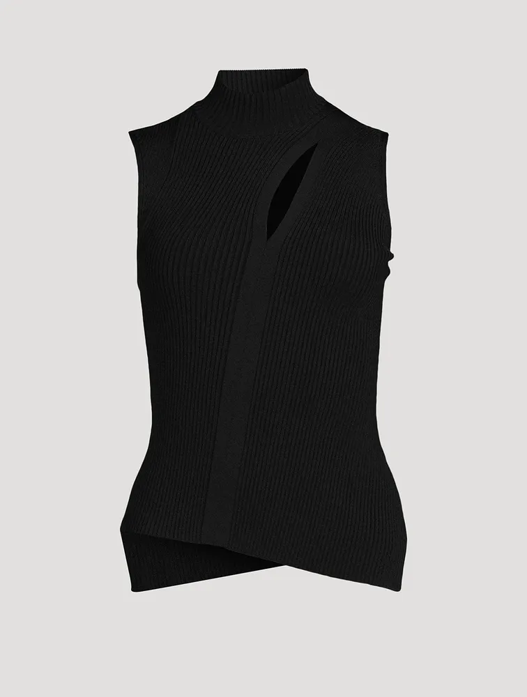 Slashed Rib-Knit Turtleneck Top