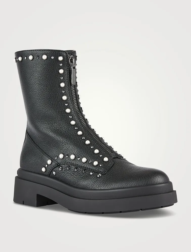 Nola Pearl-Embellished Leather Combat Boots