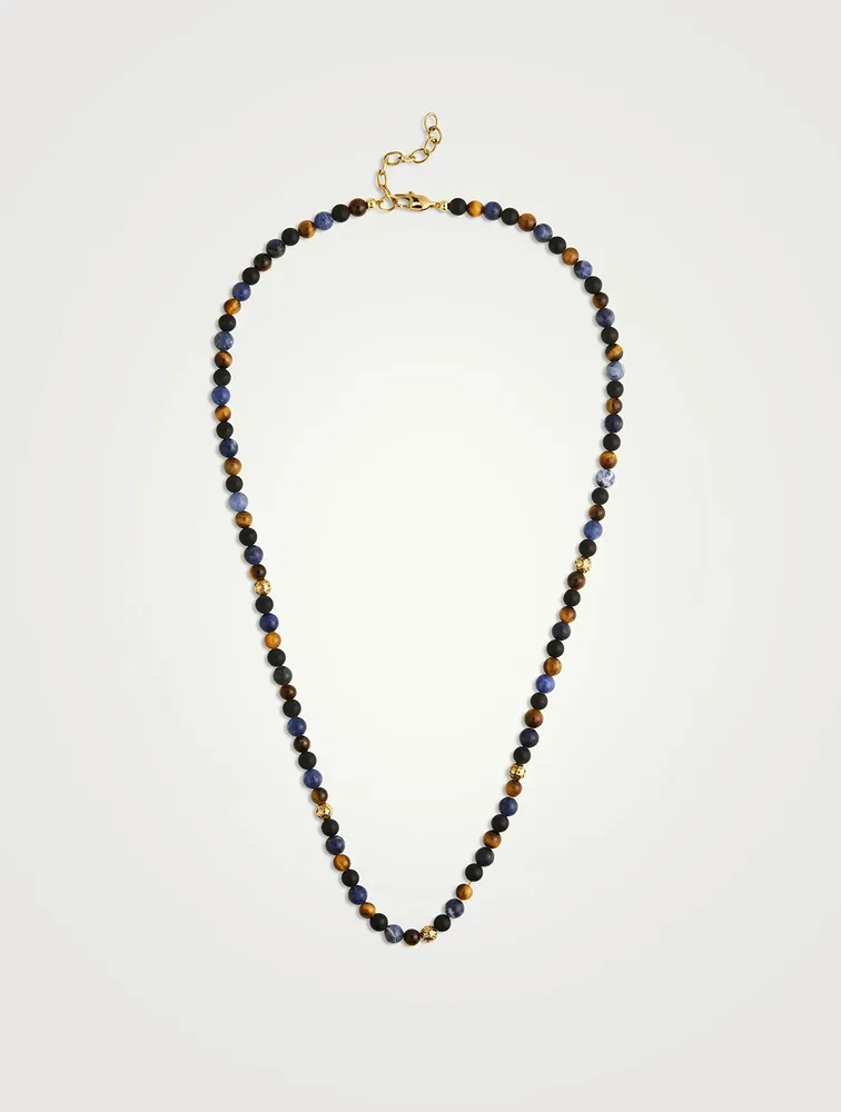 Beaded Necklace With Dumortierite, Brown Tiger Eye, And Gold