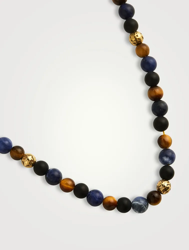 Beaded Necklace With Dumortierite, Brown Tiger Eye, And Gold