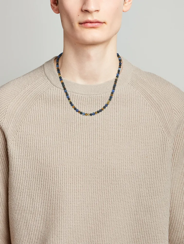 Beaded Necklace With Dumortierite, Brown Tiger Eye, And Gold